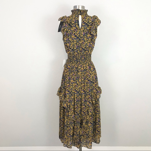 Lulus XS Evalina Midi Dress High Neck Floral Yellow Purple - Picture 15 of 16